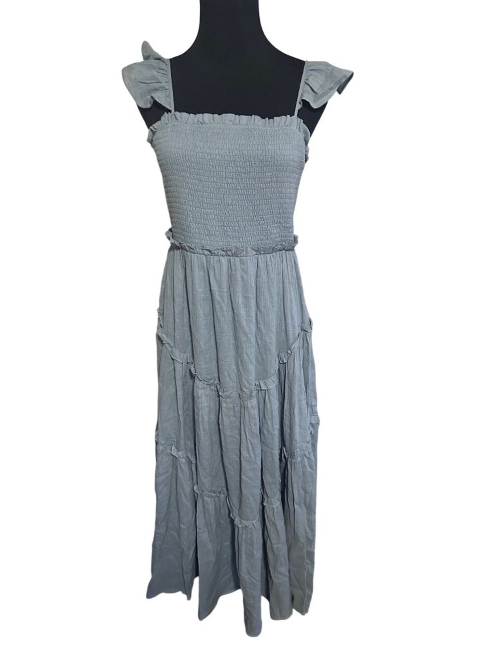 Listicles blue tiered dress with smocked bodice adjustable straps 100% cotton si